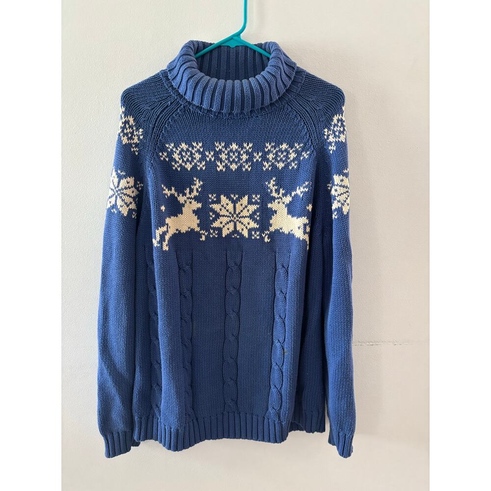 Lands' End Blue & Cream Reindeer Cable-Knit Cowl Sweater